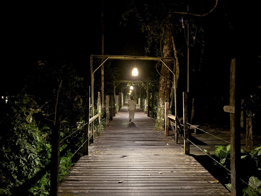 Wide, raised wooden walkways, led from the river to the bungalows where we stayed.