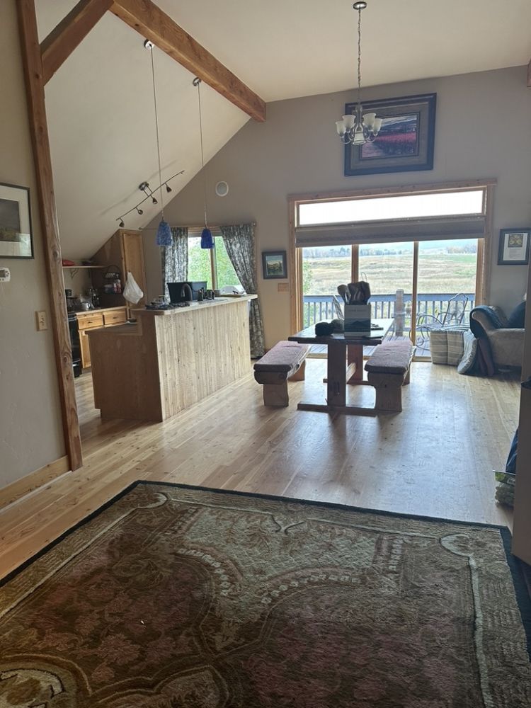 This is our little dining room and kitchen at Thistledew cabin!