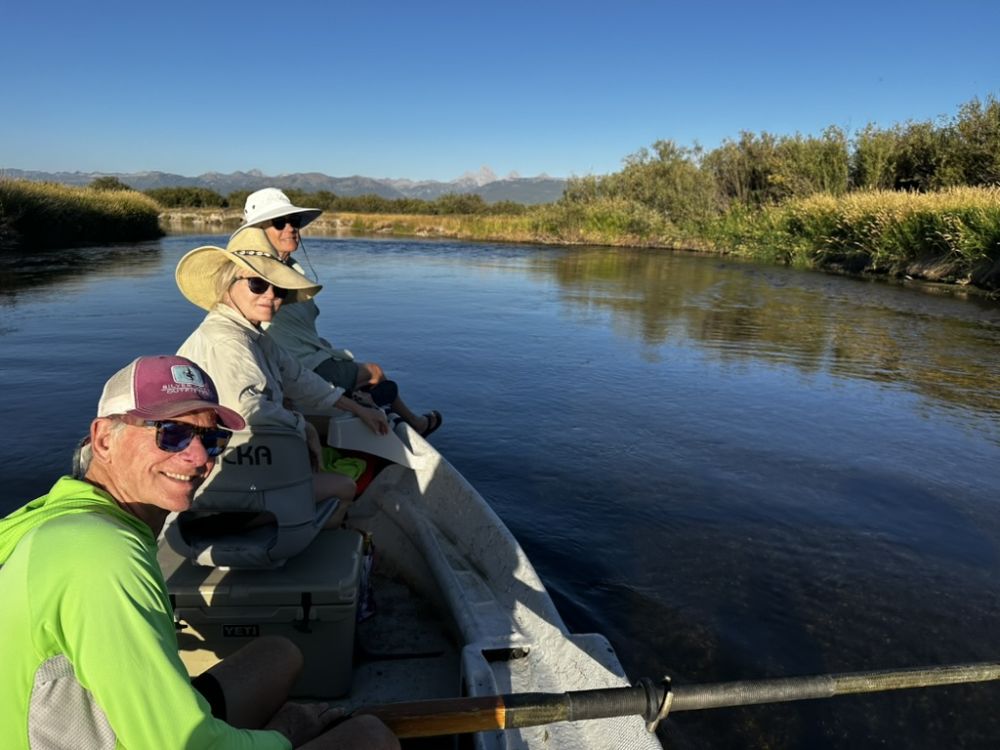 I'm not sure you can see the mother and baby moose on the shoreline ahead of us here.