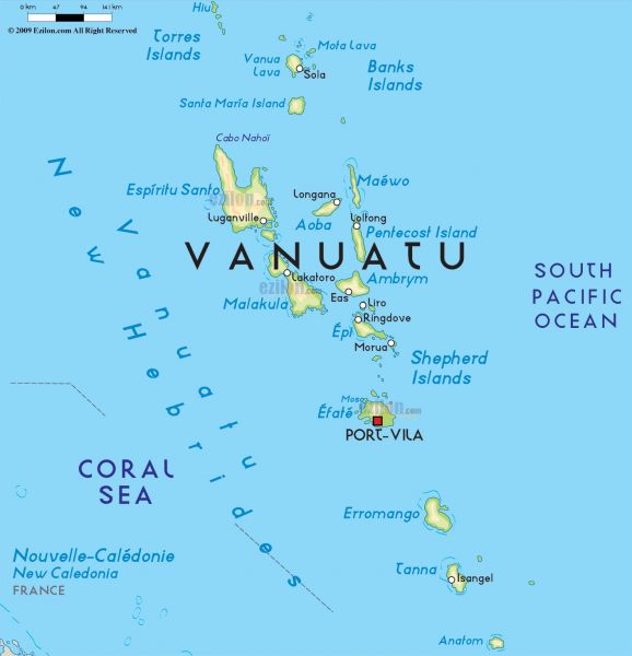 Vanuatu  is off the coast of New Guinea, about a three-hour flight north of New Zealand